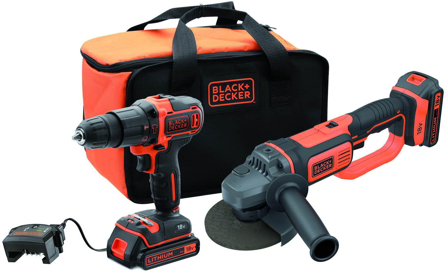 Black+Decker KIT TRAPANO AVVITATORE PERCUSSIONE+SMERIGLIATRICE BCK24D2S-QW 18V 2 batterie 2,0 Ah